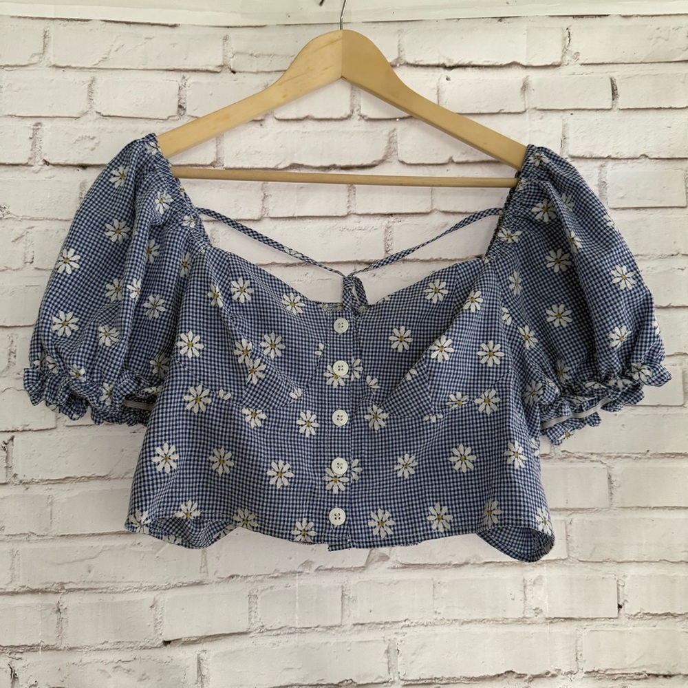 SHEIN Blue Floral Puff‎ Sleeve Crop Top